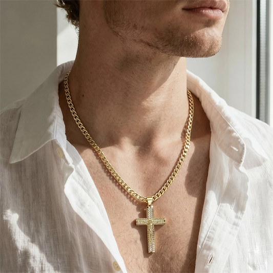 14K gold and diamond faith cross necklace pendant on a delicate gold chain