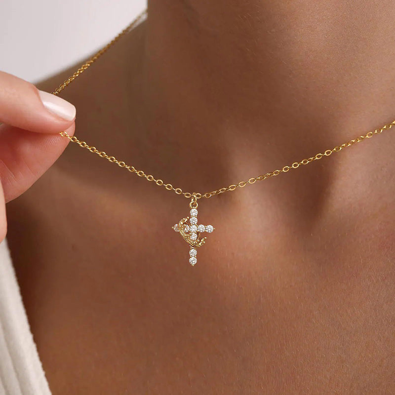 14K Gold-Plated Crown Cross Necklace for Women