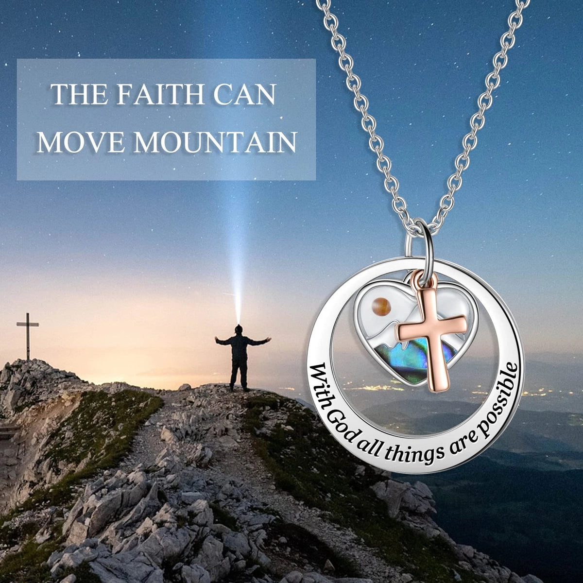 Abalone Shell "With God All Things Are Possible" Cross Necklace | Heart Faith Pendant