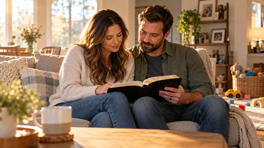 Christian parents reading Bible verses together and seeking God's wisdom for parenting