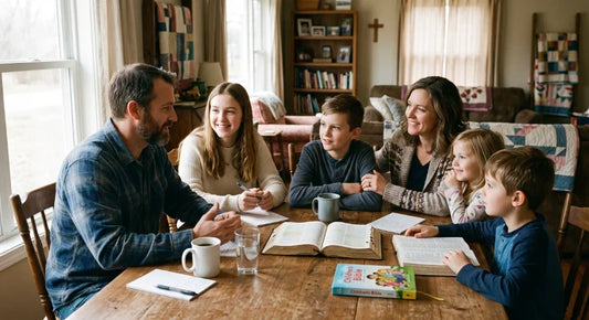 Christian family spending meaningful time together with Scripture in a Christ-centered home.