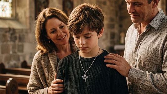 Child wearing a Christian cross necklace after baptism ceremony