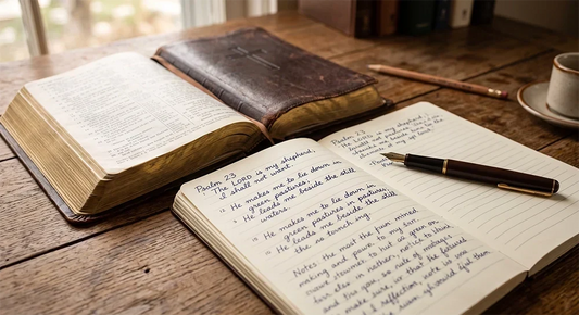 Open Bible with journal and notes representing a daily Christian Bible reading habit and spiritual growth.