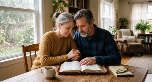 Christian married couple praying together with an open Bible at home.