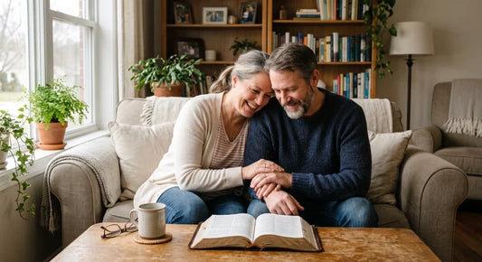 Christian married couple reading the Bible together and reflecting on biblical love and marriage.