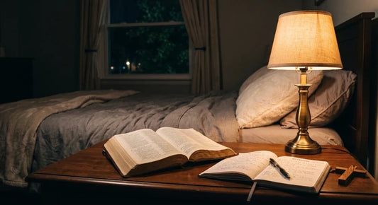 Peaceful Christian night prayer before sleep with open Bible and journal beside a warm bedside light.