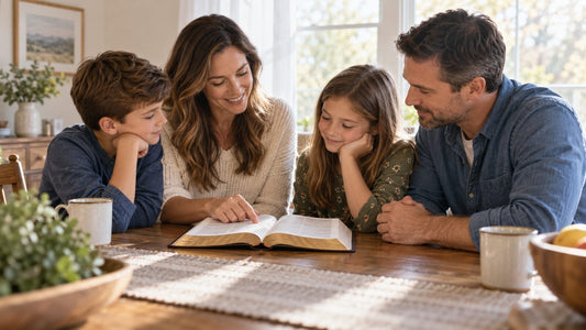 Christian family reading the Bible together at home in warm morning light