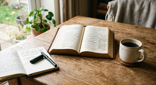 Christian prayer journal with Bible representing prayer, reflection, and spiritual growth.
