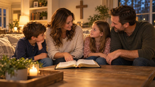 Christian family reading the Bible and talking together in a warm Christ-centered home