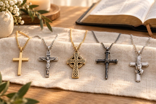 Different Christian cross necklace designs arranged beside an open Bible