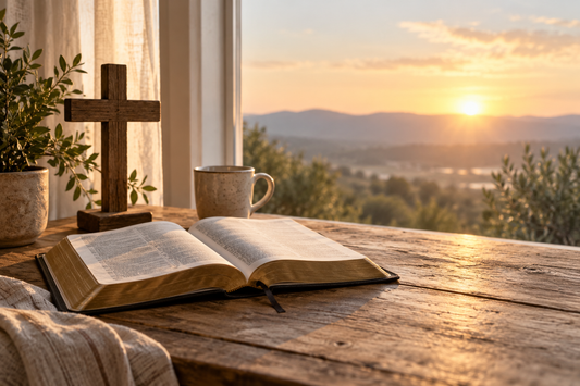 Open Bible and wooden cross at sunrise symbolizing God's forgiveness and a new beginning