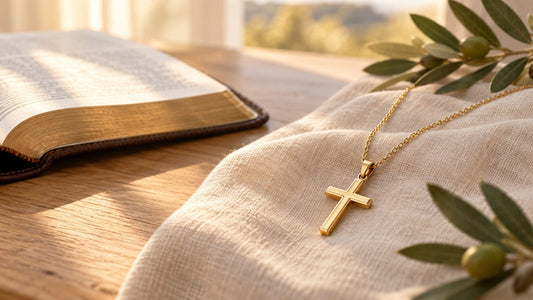 Gold cross necklace beside an open Bible in warm morning light