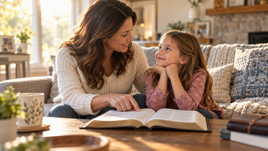 Mother helping her young daughter build a personal relationship with God through Scripture