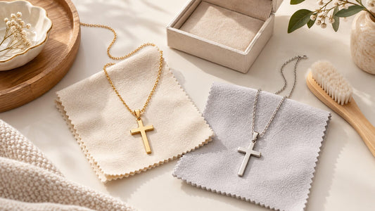 Gold and silver cross necklaces arranged with soft cloths and a jewelry box for gentle care