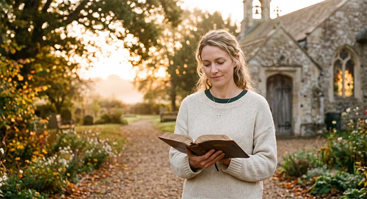 Christian wearing a simple cross necklace while reading the Bible outdoors