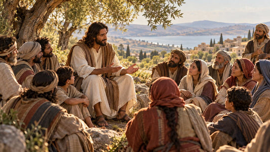 Jesus teaching a diverse group about love and forgiveness in Galilee