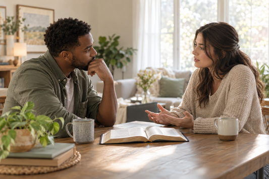 Two adults having an honest conversation beside an open Bible while learning grace in a difficult relationship