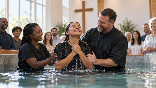 Christian believer celebrating baptism and new life in Christ with church community