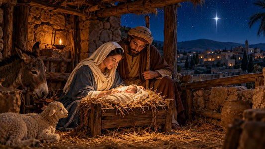 Mary and Joseph with the infant Jesus in Bethlehem beneath a radiant star