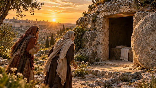 Women approaching the empty tomb at sunrise on the first Easter morning