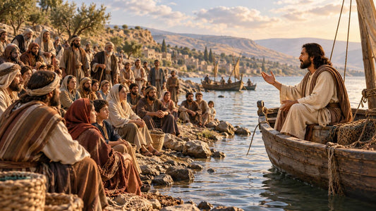 Jesus teaching a crowd in parables beside the Sea of Galilee