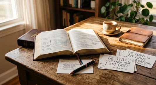 Open Bible with Scripture notes representing daily encouragement and strength through God's Word.