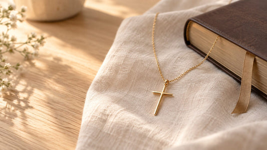 Simple gold cross necklace beside a Bible in soft morning light