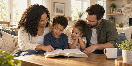 Christian family reading the Bible together while teaching children about God and faith