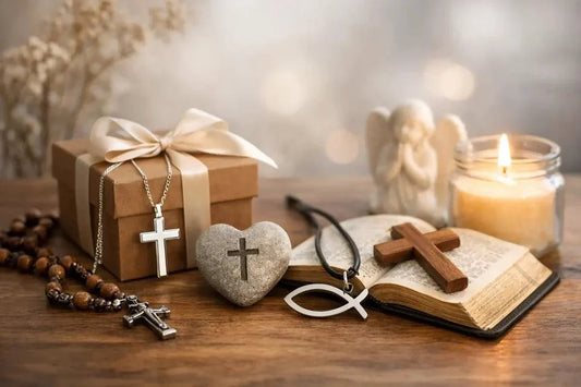 Meaningful Christian gift ideas featuring a cross necklace, Bible, prayer journal, and gift box for faith-based celebrations.