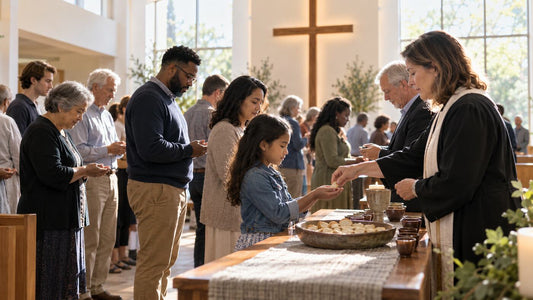 Multigenerational Christians receiving Communion together in remembrance of Jesus