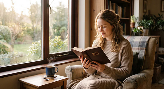 Christian woman resting in God's presence during morning devotion
