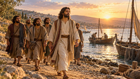 Jesus walking beside the Sea of Galilee with his disciples at sunrise