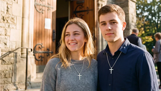 Christian wearing a cross necklace outside church