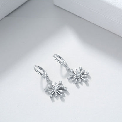 Sterling Silver Zirconia Snowflake Leverback Dangle Drop Earrings Jewelry