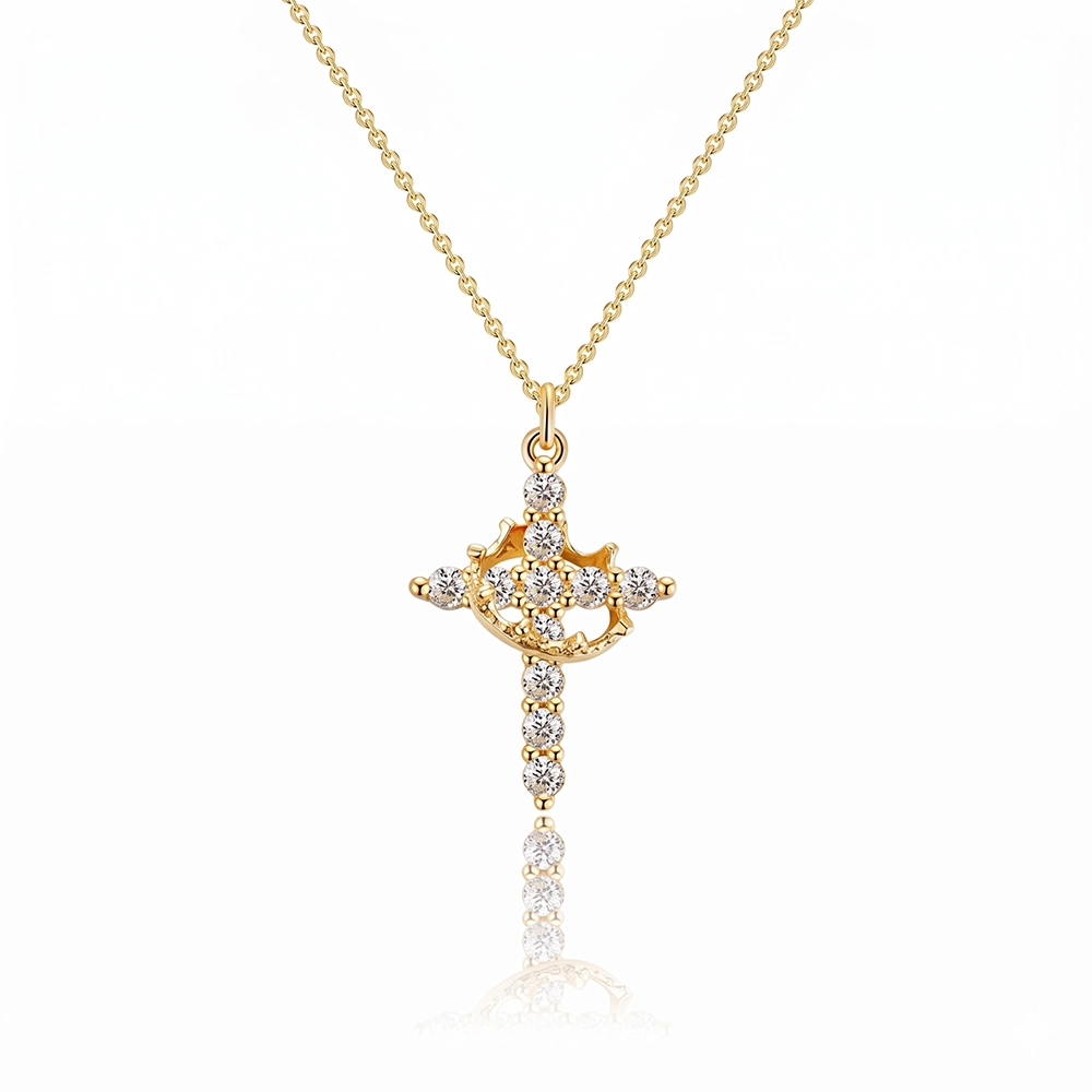 14K Gold-Plated Crown Cross Necklace for Women