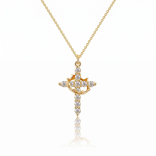14K Gold-Plated Crown Cross Necklace for Women