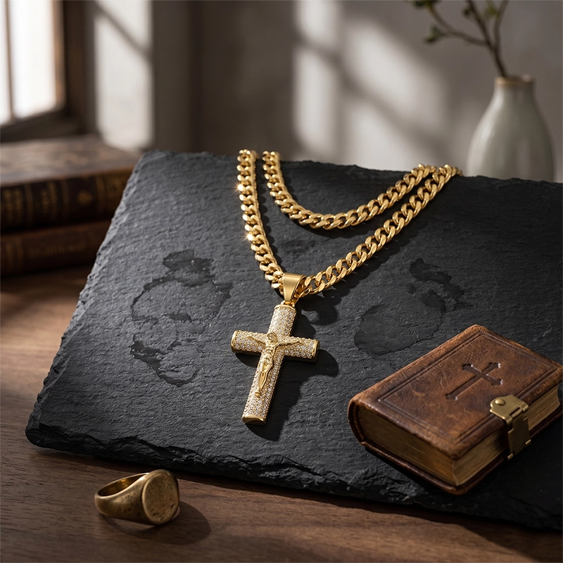 14K gold diamond cross pendant necklace, luxury fine jewelry gift for he