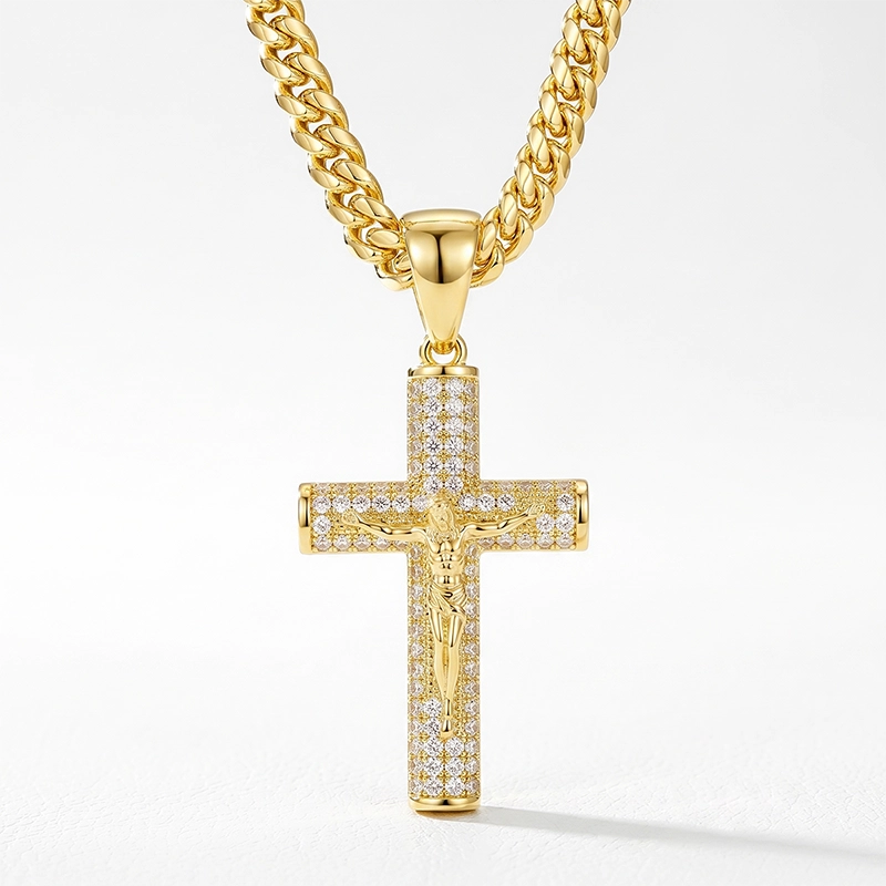 14K gold and diamond faith cross necklace pendant on a delicate gold chain