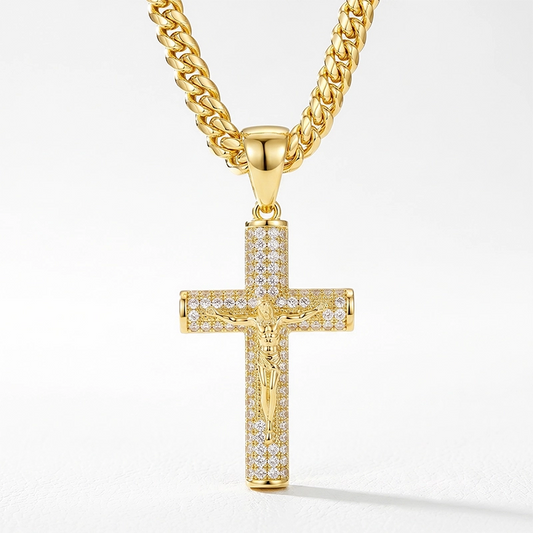 14K gold and diamond faith cross necklace pendant on a delicate gold chain