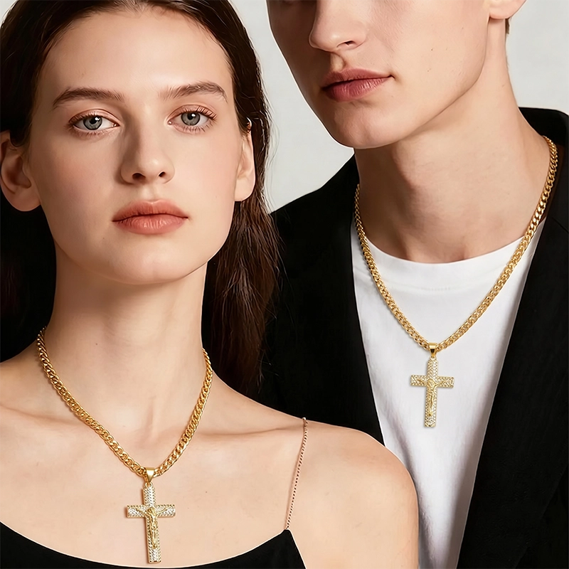 A couple, wearing 14K gold diamond-set Faith Cross necklaces, creates a classic layered look.