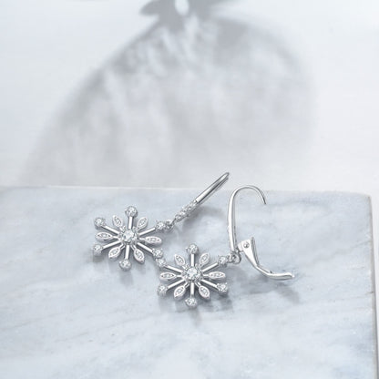 Sterling Silver Zirconia Snowflake Leverback Dangle Drop Earrings Jewelry