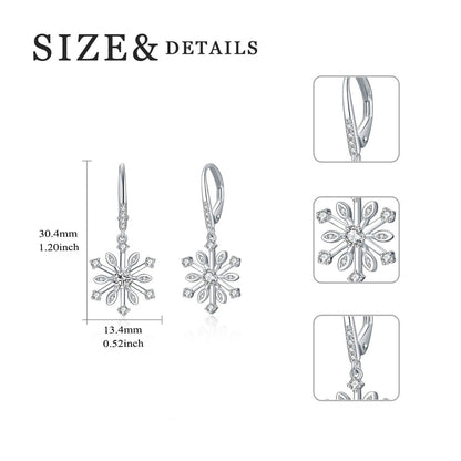 Sterling Silver Zirconia Snowflake Leverback Dangle Drop Earrings Jewelry