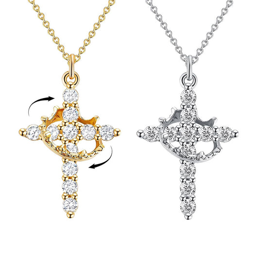 14K Gold-Plated Crown Cross Necklace for Women – Sparkling Faith Jewelry with Crystal Pendant, Christian Gift of Grace & Strength
