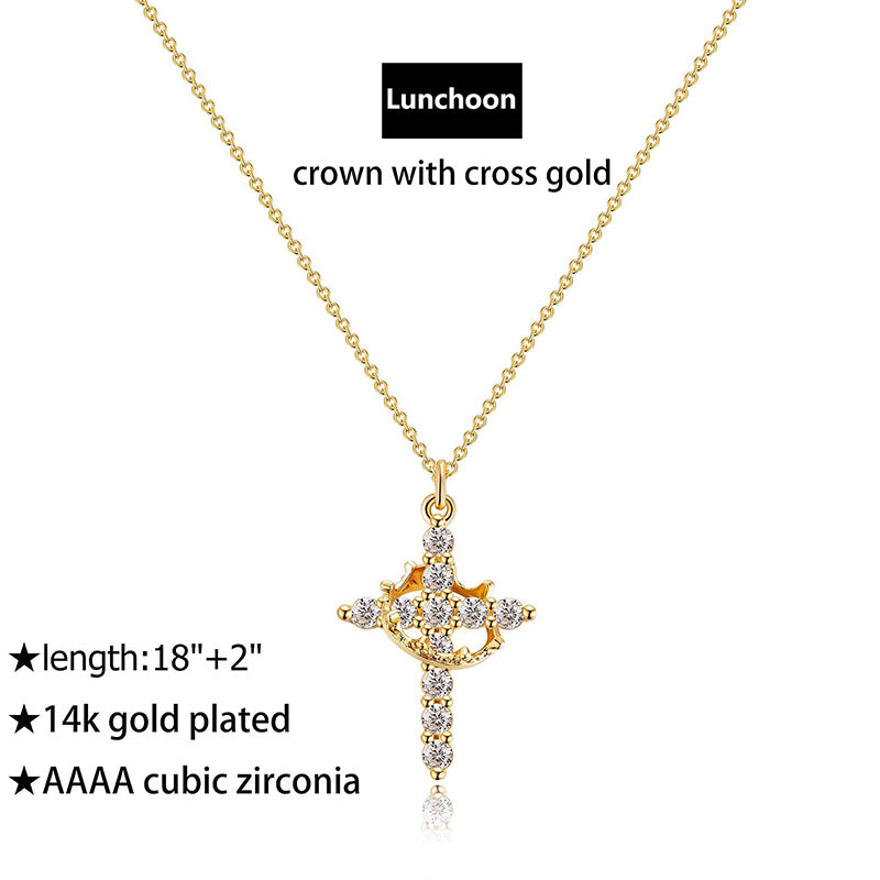14K Gold-Plated Crown Cross Necklace for Women – Sparkling Faith Jewelry with Crystal Pendant, Christian Gift of Grace & Strength