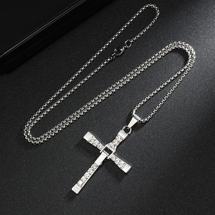 Mechanical Cross Pendant Necklace for Men | Punk Streetwear Fast-Style Jewelry | Stainless Steel Iced Chain