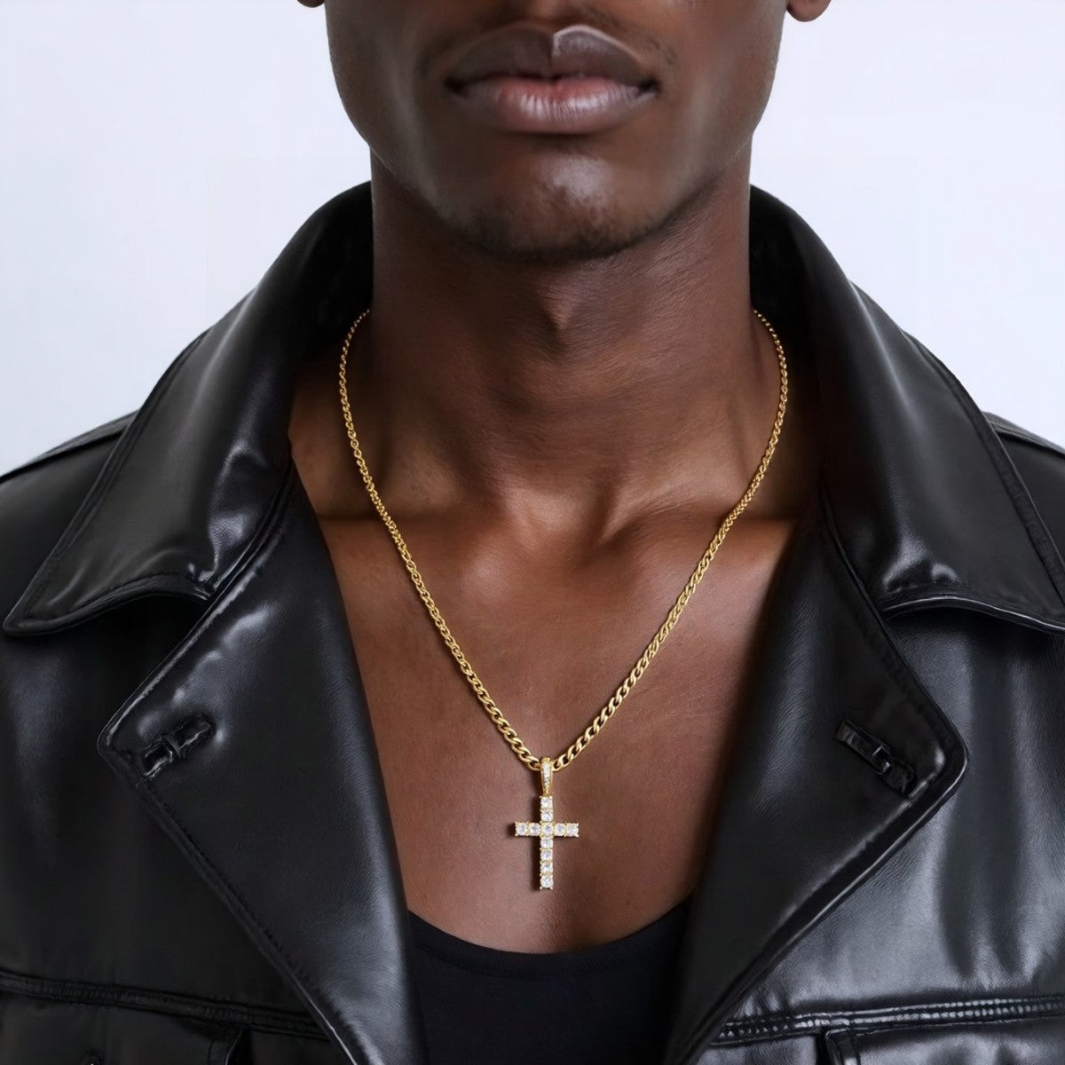 18K Gold Plated Onyx Cross Pendant | Unisex Cuban Chain Faith Necklace