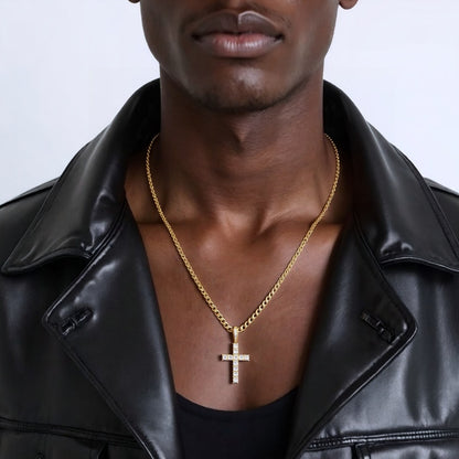 18K Gold Plated Onyx Cross Pendant | Unisex Cuban Chain Faith Necklace