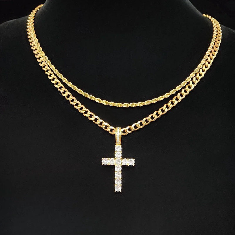 18K Gold Plated Onyx Cross Pendant | Unisex Cuban Chain Faith Necklace