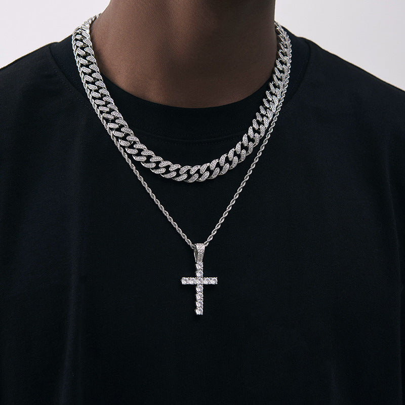 Full Diamond Cross Necklace for Men | Urban Rap Style Stainless Steel Chain