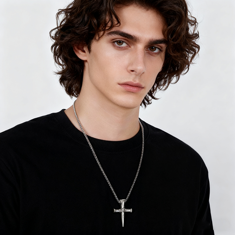 Men’s Punk Nail Cross Necklace – Titanium Steel Street Style Pendant